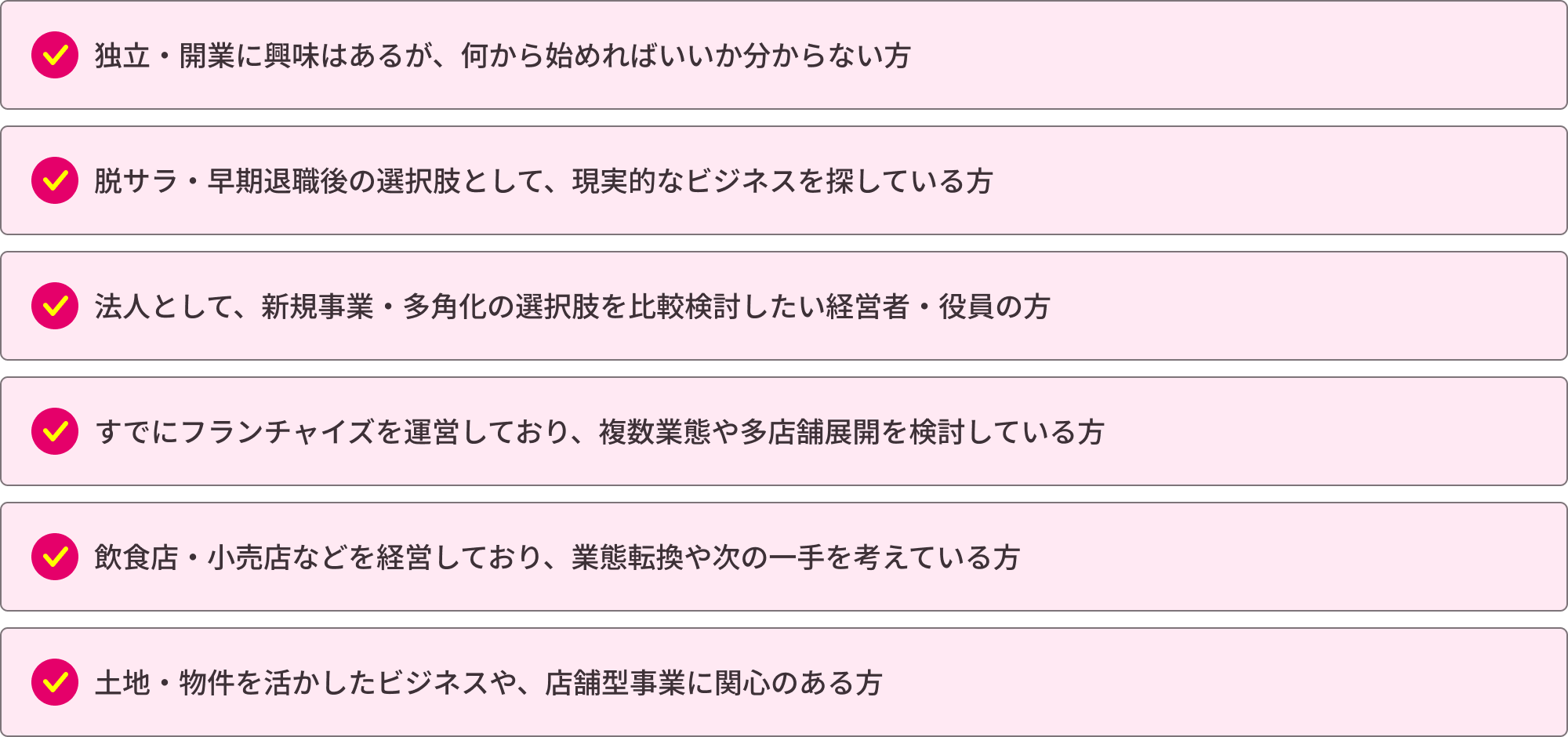 独立・開業に興味はあるが、何から始めればいいか分からない方|脱サラ・早期退職後の選択肢として、現実的なビジネスを探している方|法人として、新規事業・多角化の選択肢を比較検討したい経営者・役員の方|すでにフランチャイズを運営しており、複数業態や多店舗展開を検討している方|飲食店・小売店などを経営しており、業態転換や次の一手を考えている方|土地・物件を活かしたビジネスや、店舗型事業に関心のある方
