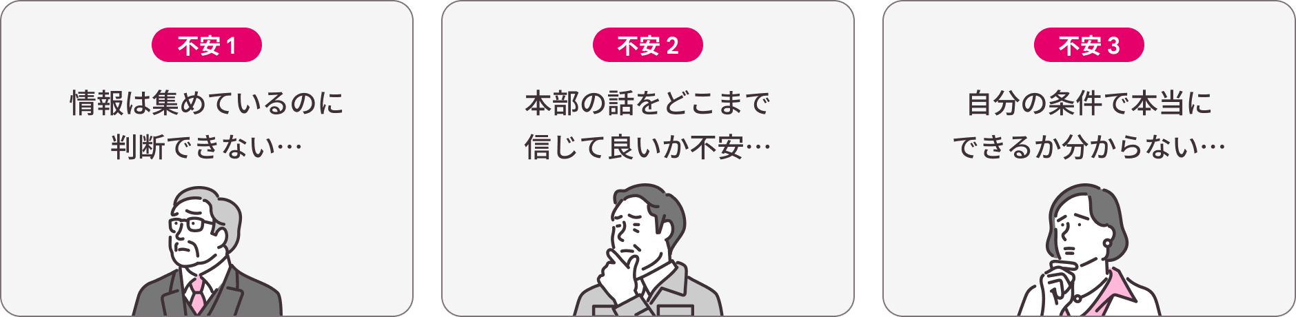 情報は集めているのに判断できない…|本部の話をどこまで信じて良いか不安…|自分の条件で本当にできるか分からない…